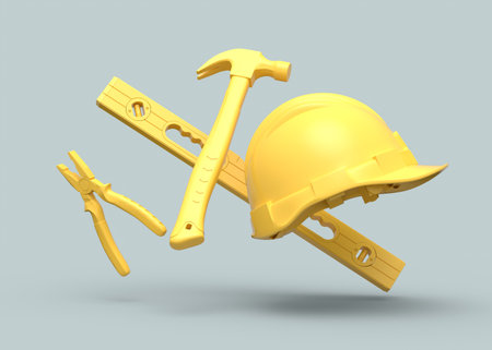 Flying view of yellow construction tools for repair and installation on grey background. 3d rendering and illustration of service banner for house plumber or repairmanの写真素材