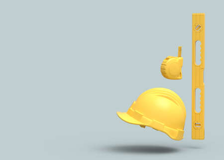 Flying view of yellow construction tools for repair and installation on grey background. 3d rendering and illustration of service banner for house plumber or repairmanの写真素材