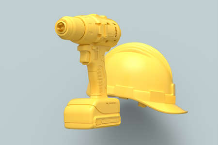 Set of cordless drill or screwdrivers with hard head helmet on grey background. 3d render and illustration of tool for repair and installationの写真素材
