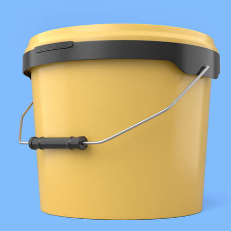 Closed plastic can or buckets of paint with handle on blue background. 3d render of renovation concept and interior designの写真素材