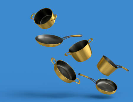 Set of flying stainless steel stewpot, frying pan and chrome plated aluminum cookware on blue background. 3d render of non-stick kitchen utensilsの写真素材