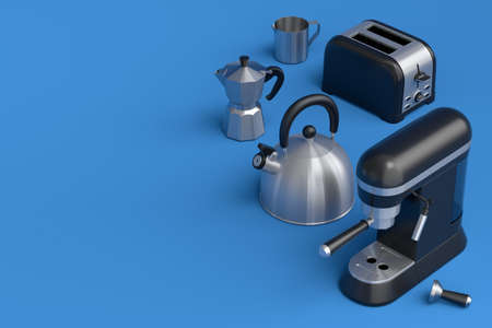 Kettle, toaster, coffee machine horn and geyser coffee maker on blue background. 3d render kitchen...