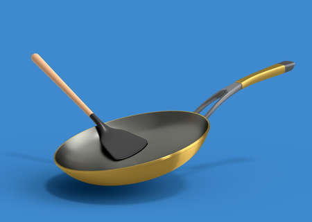 Frying pan with glass lid and silicon solid turner on blue background. 3d render of non-stick kitchen utensilsの写真素材