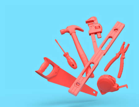 Flying view of red construction tools for repair and installation on blue background. 3d rendering...