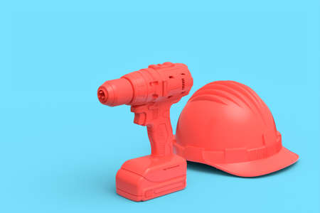 Set of cordless drill or screwdrivers with hard head helmet on blue background. 3d render and illustration of tool for repair and installationの写真素材