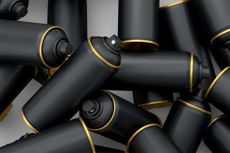 Lots of flying spray paint cans on white background. 3d render spray paint bottle and dispenserCan...