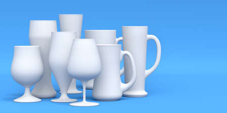 Set of white glasses of fresh draft beer on a blue monochrome background. 3D render concept of drinking alcohol on holidays, Oktoberfest or St. Patrick's Dayの写真素材