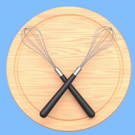 Set of whisk with wooden handle isolated on wooden board. 3d render of home kitchen tools and accessories for cooking, blending and mixingの写真素材