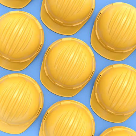 Set of safety helmets or hard caps for carpentry work on blue backgroundの写真素材
