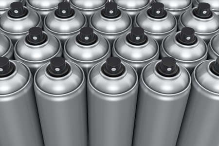 Set of spray paint cans in row on white background. Spray bottle and dispenserの写真素材