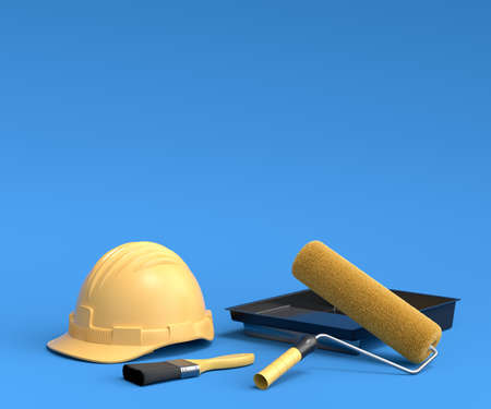 Set of safety helmet, spray with paint rollers and brushes for painting walls on blue background. 3d render of renovation apartment concept and interior designの写真素材