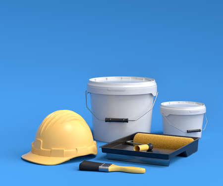 Set of safety helmet, bucket with paint rollers and brushes for painting walls on blue background....