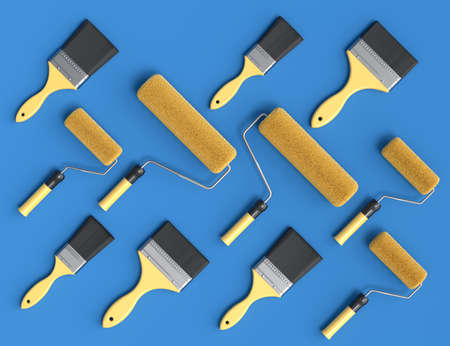 Set of metal cans or buckets with paint rollers and brushes for painting walls on blue background....