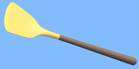 Silicon solid turneror kitchen utensils on blue background. 3d render of home kitchen tools and accessories for cookingの写真素材