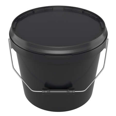 Closed plastic can or buckets of paint with handle on white background. 3d render of renovation concept and interior designの写真素材