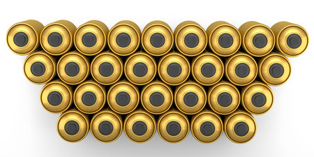 Set of gold spray paint cans in row on white background. 3d render spray paint bottle and...