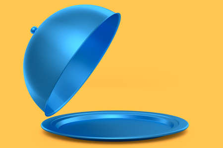 Silver tray with cloche ready to serve isolated on yellow background. 3d render service, restaurant,...