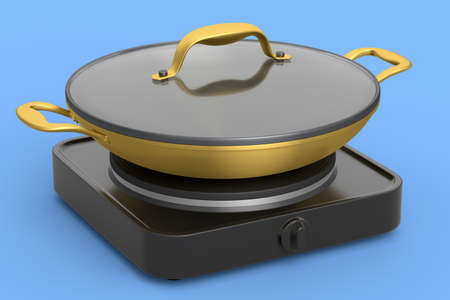 Frying pan or wok with glass lid on portable camping electric stove on blue background. 3d render of non-stick kitchen utensilsの写真素材