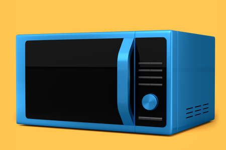 Microwave for heating food on kitchen isolated on yellow background. 3d render household items, kitchen device and household appliances.の写真素材
