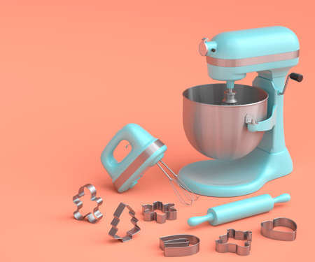 Mixer and hand mixer with kitchen utensil and metal cookie cutters for preparation of dough on coral background. 3d render cooking process step by step and accessories for cooking, blending and mixingの写真素材