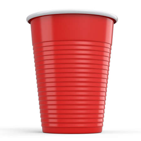 Plastic disposable party cup for juice, fresh, beer on white background.の写真素材