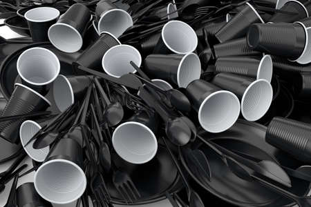 Heap of disposable utensils like plate, folk, spoon,knife and cup on white background. 3d render...