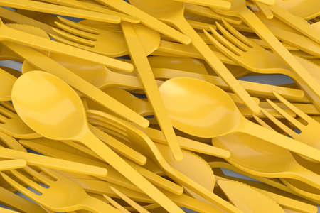Heap of disposable utensils like spoon, fork and knife on white background. 3d render concept of...