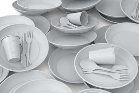 Heap of disposable utensils like plate, folk, spoon,knife and cup on white background. 3d render concept of save the earth and zero wasteの写真素材