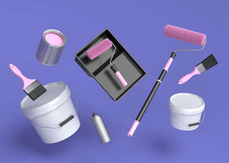 Set of flying safety helmet, bucket, tray with paint rollers and brushes for painting walls on violet background. 3d render of renovation apartment concept and interior designの写真素材