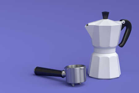 Espresso coffee machine with horn and geyser coffee maker for preparing breakfast on violet background. 3d render of coffee pot for making latte coffeeの写真素材