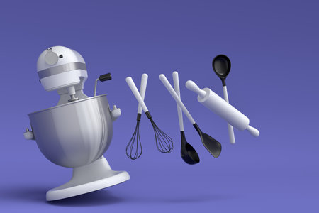 Mixer and metal bowl with kitchen utensil for preparation of dough on violet background. 3d render cooking process step by step and accessories for cooking, blending and mixingの写真素材