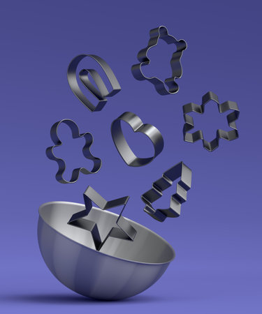 Metal bowl and cookie cutters with kitchen utensil for preparation of dough on violet background. 3d render of home kitchen tools and accessories for cooking, blending and mixingの写真素材