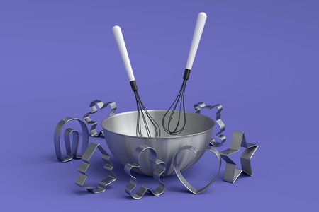 Metal bowl and cookie cutters with kitchen utensil for preparation of dough on violet background. 3d render of home kitchen tools and accessories for cooking, blending and mixingの写真素材