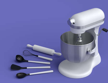 Mixer with kitchen utensil for preparation of dough on violet background. 3d render cooking process step by step and accessories for cooking, blending and mixingの写真素材