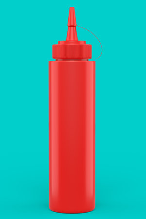Plastic bottle of tomato ketchup isolated on green background.の写真素材