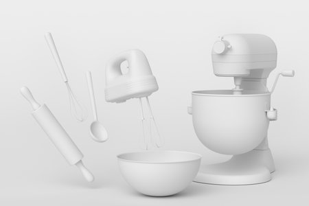 Mixer and metal bowl with kitchen utensil for preparation of dough on monochrome background. 3d render cooking process step by step and accessories for cooking, blending and mixingの写真素材