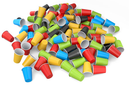 Heap of plastic disposable party cup isolated on white background. 3d render of take away glass for...