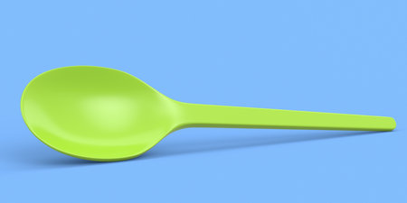 Eco-friendly disposable utensils like spoon on blue background. 3d render concept of save the earth and zero wasteの写真素材