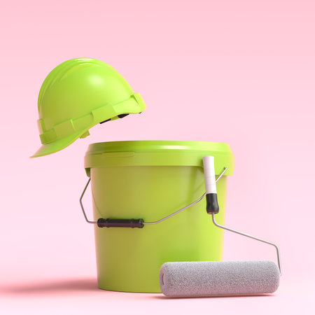 Set of safety helmet, bucket with paint rollers and brushes for painting walls on pink background. 3d render of renovation apartment concept and interior designの写真素材