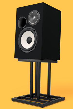 Hi-fi speakers with loudspeakers on stand isolated on yellow background. 3d render audio equipment like boombox for sound recording studioの写真素材
