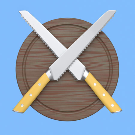 Chef's kitchen knives on a wooden board isolated on blue background. 3d render of bread knife or professional kitchen utensilsの写真素材