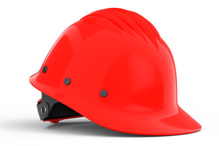 Red safety helmet or hard cap isolated on white background. 3d render and illustration of headgear and handyman toolsの写真素材