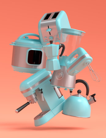 Electric kitchen appliances and utensils for making breakfast on coral background. 3d render of kitchenware for cooking, baking, blending and whippingの写真素材