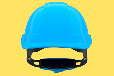Blue safety helmet or hard cap isolated on yellow background. 3d render and illustration of headgear and handyman toolsの写真素材