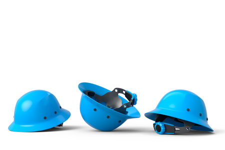 Heap of safety helmets or hard caps for carpentry work on white backgroundの写真素材