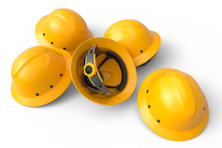 Heap of safety helmets or hard caps for carpentry work on white backgroundの写真素材