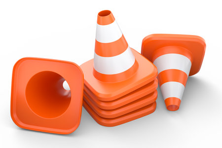 Set of traffic cones for under construction road work on white background.の写真素材