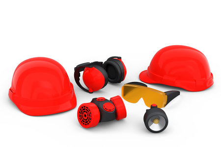 Set of construction wear and tools for repair and installation like helmet. earphones and respirator on white background. 3d rendering and illustration of service banner for house plumber or repairmanの写真素材