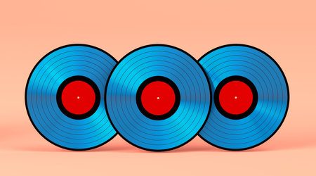 Set of vinyl LP records with label isolated on coral background. 3d render of musical long play album disc 33 rpmの写真素材