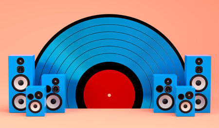 Set of Hi-fi speakers with loudspeakers isolated on coral background. 3d render audio equipment like boombox for sound recording studioの写真素材